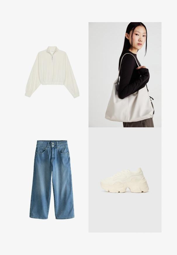 Kreemfarbenest lühikese varrukaga kudum, millel on kõrge kaelus, pool tõmblukk, elastne allosa ja varrukad, sile tekstuur ja minimaalne disain.; Heled sinine, laiad denim püksid kõrgendaalise disainiga. Omab kahte esipüksi, kahte tagapüksi ja kahetäheline sulgemine.; Paksud valged tennised, mis on valmistatud tekstureeritud võrgu- ja sünteetilistest materjalidest, pakuvad paksu tallaga ja keerukat mustrit külgedel.; Bež käekott pehme materjali, millel on lõtv disain, õmblustega detailid ja kaks õlarihma. Sobib igapäevaseks kasutamiseks.