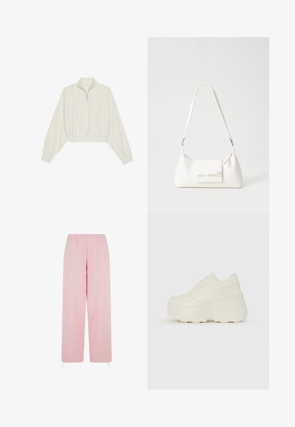 Kreptais pusītes džemperis krēmkrāsā, ar augstu apkakli, puszipa aizdari, elastīgu apakšmalu un aprocēm, ar gludu tekstūru un minimālistisku dizainu.; Gaiši rozā sporta bikses, kas izgatavotas no mīkstas auduma, ar elastīgu jostu, taisnas kājas dizainu un regulējamiem auklām apakšmalā.; Baltie platformas sporta apavi, kas izgatavoti no gludas mākslīgās ādas, ar noapaļotu formu, mīkstu apkakli un teksturētu gumijas zoli ar izteiktiem rakstiem.; Balta sintētiska soma ar trīsstūrveida formu, plakanu priekšējo vāciņu un loku detaļu, regulējamu siksnu, gludu tekstūru un minimālistisku dizainu.