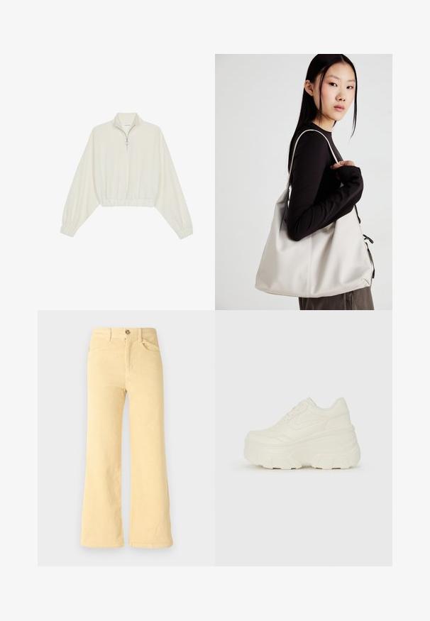 Pullover court en tissu crème, avec un col haut, fermeture éclair à mi-hauteur, ourlet et poignets élastiqués, offrant une texture lisse et un design minimaliste.; Pantalons en velours côtelé jaunes évasés avec une texture côtelée, dotés de cinq poches et d'une fermeture à bouton à l'avant.; Baskets plateformes blanches avec une tige en simili cuir lisse, une forme arrondie, un col rembourré et une semelle en caoutchouc texturé avec des crampons définis.; Sac à main beige en matériau souple, avec un design décontracté, des détails cousus et deux poignées. Idéal pour un usage quotidien.