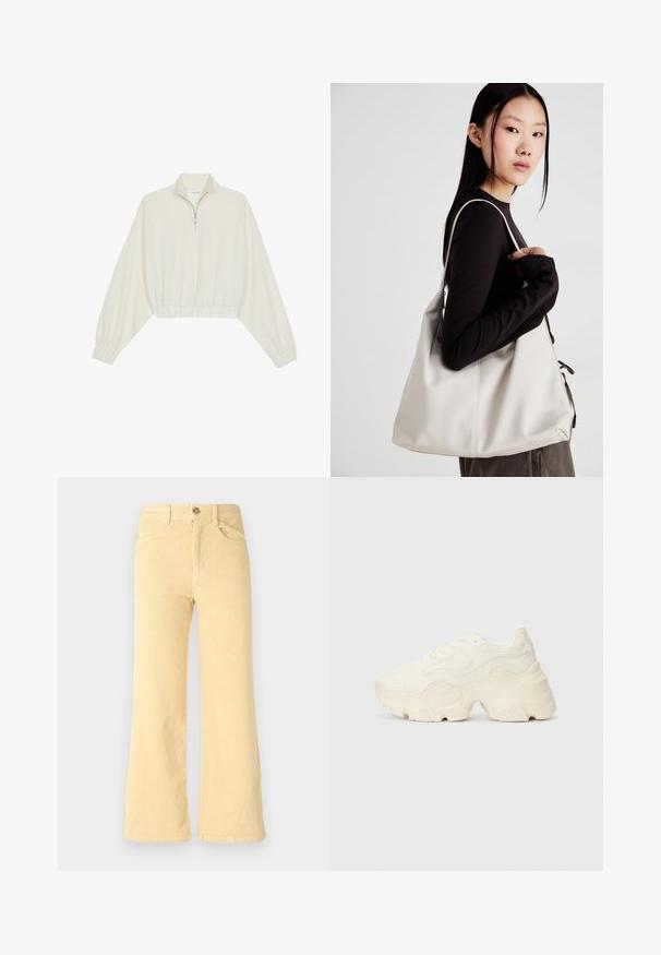 Kratka pulover v kremnem blagu, z visokim ovratnikom, pol-zadrgo, elastičnim robom in manšetami, z gladko teksturo in minimalističnim oblikovanjem.; Rumene kordurojske flare hlače z ribasto teksturo, z petimi žepi in sprednjim gumbom za zapiranje.; Debele bele športne copate, izdelane iz teksturirane mrežaste in sintetične materialov, z debelim podplatom in zapletenimi vzorčičnimi detajli ob straneh.; Bežna torbica iz mehkega materiala, z ohlapno zasnovo, šivi in dvema naramnicama. Primerna za vsakodnevno uporabo.