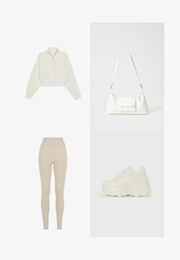 Kort striktrøje i cremefarvet stof med høj krave, halvlynlås, elastisk kant og manchetter, glat tekstur og minimalistisk design.; Beige leggings lavet af strækbart stof med en høj talje; glat tekstur, tætsiddende silhuet, ingen synlige mønstre eller hardware detaljer.; Hvide platform sneakers med en glat læderlignende overdel, rund form, polstret krave og struktureret gummisål med definerede riller.; Hvid syntetisk håndtaske med en trekantet form, flad forsideklap og sløjfedetalje, justerbar strop, glat tekstur og minimalistisk design.
