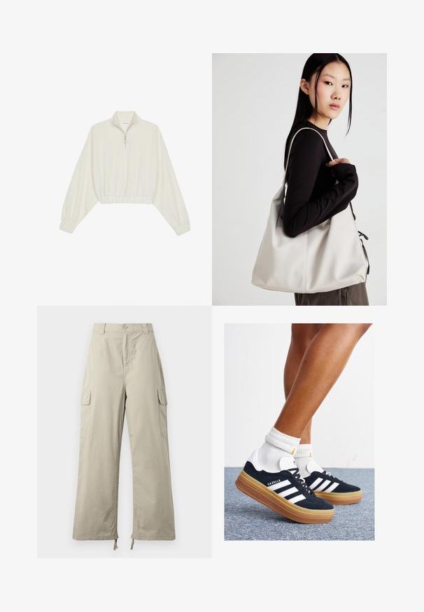 Kreminės spalvos trumpas megztinis, turintis aukštą apykaklę, pusiau užtrauktuką, elastinį apačią irRankovių kraštus, su lygiu paviršiumi ir minimalizuotu dizainu.; Šviesiai smėliniai kargo džinsai su laisvu siluetu, turi mygtuko užsegimą, šonines kišenes ir reguliuojamus hemus su raišteliais. Lygus audinio tekstūra.; Juodi zomšiniai sportbačiai su baltais dryžiais ir akcentais, apvalios nosies, guminio, gumos pado, derinami su baltais raitytais vidutinio ilgio kojinaitėmis.; Bežinė rankinė, pagaminta iš minkštos medžiagos, turinti laisvą dizainą, siuvinėtas detalės ir dvi petnešos. Tinkama kasdieniam naudojimui.