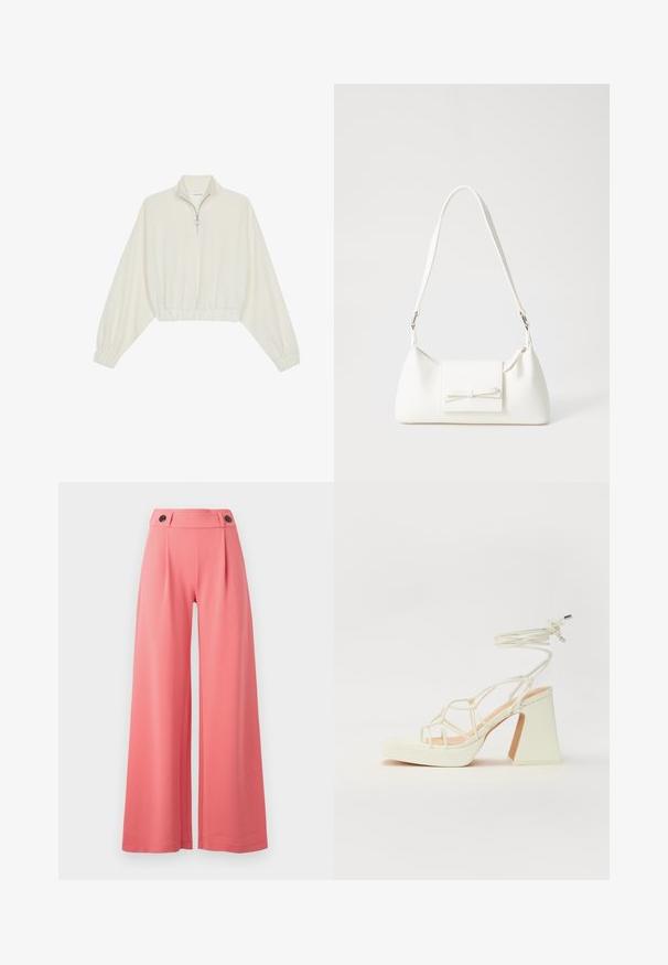Krém színű, rövidített pulóver, magas gallérral, félig cipzáros záródással, elasztikus derék- és ujjakrésszel, sima textúrával és minimalista dizájnnal.; Rövidnadrág, élénk korall színben, magas derékra szabva, két fekete gombbal, sima anyagból, strukturált kialakítással.; Fehér, magassarkú szandál vastag sarokkal, pántos dizájnnal és bokapánttal. Sima textúra, elülső platformmal a megnövelt magasság érdekében.; Fehér szintetikus kézitáska, háromszög alakú, lapos előlap, masni részlettel, állítható pánttal, sima textúrával és minimalista dizájnnal.