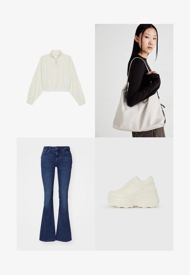 Pullover court en tissu crème, avec un col haut, fermeture éclair à mi-hauteur, ourlet et poignets élastiqués, offrant une texture lisse et un design minimaliste.; Jean flare bleu foncé en denim de coton. Présente une taille ajustée, un design à cinq poches et des détails de couture subtils.; Baskets plateformes blanches avec une tige en simili cuir lisse, une forme arrondie, un col rembourré et une semelle en caoutchouc texturé avec des crampons définis.; Sac à main beige en matériau souple, avec un design décontracté, des détails cousus et deux poignées. Idéal pour un usage quotidien.