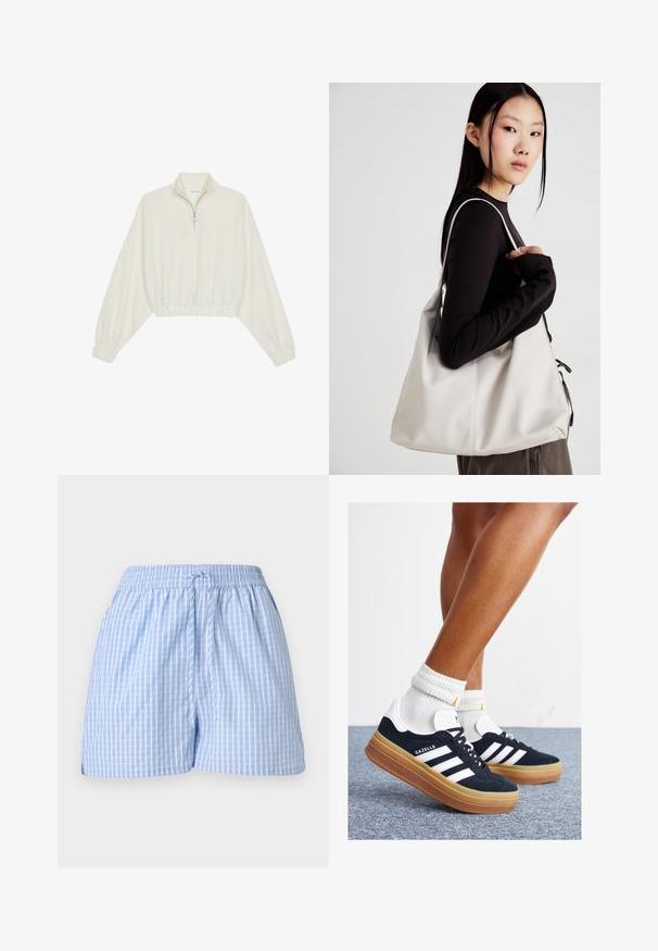 Pullover court en tissu crème, avec un col haut, fermeture éclair à mi-hauteur, ourlet et poignets élastiqués, offrant une texture lisse et un design minimaliste.; Shorts à carreaux bleus et blancs avec une taille élastique et un cordon de serrage ajustable. Tissu en coton doux, coupe décontractée et fentes latérales.; Baskets en daim noir avec des rayures et des accents blancs, bout arrondi, semelle extérieure en caoutchouc gomme, associées à des chaussettes blanches côtelées mi-mollet.; Sac à main beige en matériau souple, avec un design décontracté, des détails cousus et deux poignées. Idéal pour un usage quotidien.