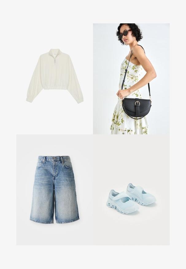 Pullover curto em tecido creme, apresentando um colarinho alto, fecho de meio zíper, bainha e punhos elásticos, com uma textura suave e design minimalista.; Bermudas de ganga azul claro com um corte descontraído, apresentando fecho de zíper e botão, cinco bolsos e um detalhe de bainha desfiada.; Ténis azul claro com tecido em malha, cortes proeminentes na sola e uma correia de Velcro na parte superior para um ajuste seguro.; Bolsa de couro preta com forma curva, alça destacável e detalhes em dourado. A bolsa possui uma aba com detalhe de fivela.