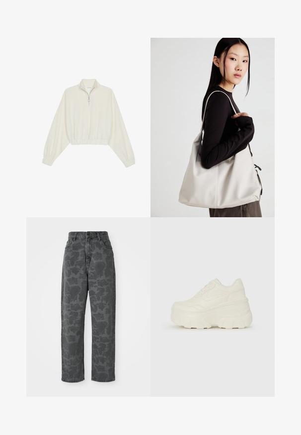 Kreemfarbenest lühikese varrukaga kudum, millel on kõrge kaelus, pool tõmblukk, elastne allosa ja varrukad, sile tekstuur ja minimaalne disain.; Hallide denim teksad lillemustriga, kõrge vöökohaga, sirge säärega ja klassikalise viie tasku kujundusega. Vastupidav kangas kerge tekstuuriga.; Valged platvormi tõusukingad, millel on siledast nahast meenutav pealis, ümar kuju, pehmendatud kaelus ja tekstureeritud kummitald koos selgete hüdrofoobsete mustritega.; Bež käekott pehme materjali, millel on lõtv disain, õmblustega detailid ja kaks õlarihma. Sobib igapäevaseks kasutamiseks.