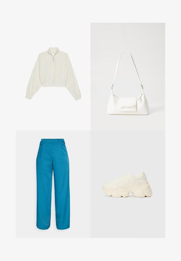 Pullover curto em tecido creme, apresentando um colarinho alto, fecho de meio zíper, bainha e punhos elásticos, com uma textura suave e design minimalista.; Calças largas em teal vibrante, feitas de um tecido suave. Apresentam pregas frontais, uma cintura de altura média e sem bolsos visíveis.; Sapatilhas brancas chunky feitas de malha texturizada e materiais sintéticos, apresentando uma sola espessa e detalhes de padrão intrincados ao longo dos lados.; Mala sintética branca com formato triangular, aba frontal plana e detalhe de laço, alça ajustável, textura suave e design minimalista.