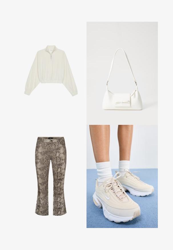 Kort striktrøje i cremefarvet stof med høj krave, halvlynlås, elastisk kant og manchetter, glat tekstur og minimalistisk design.; Slangeskindsprintede, flagrende jeans i afdæmpede beige og brune nuancer. Denim materiale med en struktureret overflade. Standard fem-lomme design og front lynlås.; Beige sportsko med en struktureret overdel, hvide snørebånd og en tyk hvid sål. Designet har subtile kurver og et lille logo.; Hvid syntetisk håndtaske med en trekantet form, flad forsideklap og sløjfedetalje, justerbar strop, glat tekstur og minimalistisk design.