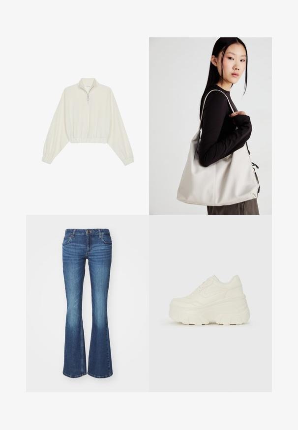 Kort genser i kremfarget stoff, med høy krage, halv glidelås, elastisk nederste kant og mansjetter, med en glatt tekstur og minimalistisk design.; Bredde jeans i middels blå denim. Har glidelås med metallknapp, to frontlommer og falming detaljer nær knærne.; Hvite plattformsnickers med en glatt læraktig overdel, avrundet form, polstret krage og teksturert gummisåle med tydelige dekk.; Beige håndveske laget av mykt materiale, med en slapp design, sydd detaljer og to skulderstropper. Passer for daglig bruk.