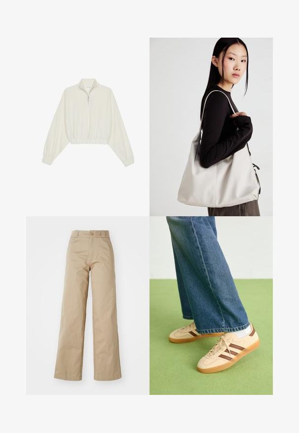 Pullover curto em tecido creme, apresentando um colarinho alto, fecho de meio zíper, bainha e punhos elásticos, com uma textura suave e design minimalista.; Calças largas bege feitas de algodão, com fecho de botão e passantes para cinto, apresentando uma textura suave e um acabamento limpo.; Tenis bege com painéis texturizados em creme e riscas castanhas, combinados com jeans de ganga azul. Os jeans têm um corte largo e uma bainha desfiada.; Uma bolsa bege feita de material macio, com um design descontraído, detalhes de costura e duas alças para o ombro. Adequada para uso diário.