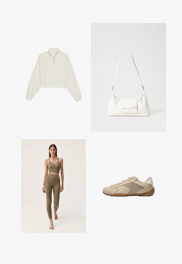 Zkrácený svetr z krémové látky, který má vysoký límec, poloviční zip, elastický spodní lem a manžety, hladkou texturu a minimalistický design.; Khaki sportovní set obsahující přiléhavý krátký top s tenkými ramínky a legíny s vysokým pasem, které mají žebrovanou strukturu a švy.; Béžová sportovní obuv s svrchní částí z semiše a síťoviny, strukturovanou gumovou podrážkou a plochými tkaničkami. Hladké akcenty na patě s kulatým designem špičky.; Bílá syntetická kabelka v trojúhelníkovém tvaru, s plochým předním klopným víkem a detailem mašle, nastavitelným popruhem, hladkým povrchem a minimalistickým designem.