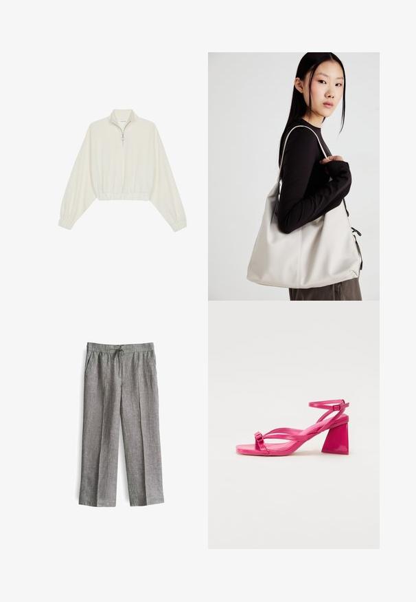 Geknipt pullover in crèmekleurige stof, met een hoge kraag, halve rits, elastische zoom en manchetten, met een soepele textuur en minimalistisch ontwerp.; Lichtgrijze linnenbroek met een losse pasvorm, een tailleband met koord, twee zijzakken en plooi-details aan de voorkant.; Roze lakleren sandalen met hakken, een vierkante punt, smalle banden en een geometrische blokhak. Met een gespdetail op de band.; Beige handtas gemaakt van zacht materiaal, met een slonzig ontwerp, gestikte details en twee schouderbanden. Geschikt voor dagelijks gebruik.