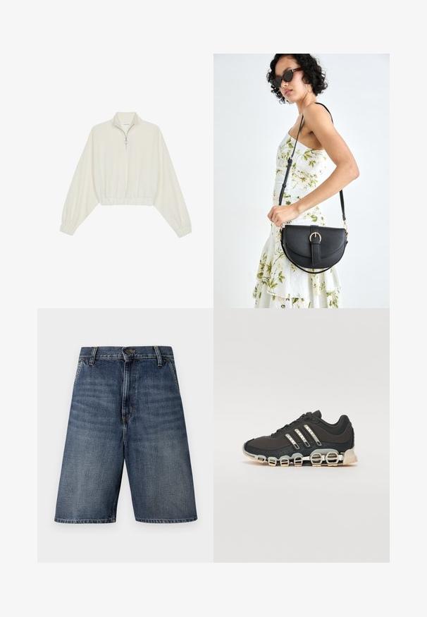 Sudadera cropped en tejido crema, con cuello alto, cierre de media cremallera, dobladillo y puños elásticos, con una textura suave y un diseño minimalista.; Pantalones cortos de mezclilla azul oscuro con corte recto, que cuentan con un cierre de botón frontal, presillas para el cinturón y sin patrones o adornos visibles.; Zapatilla deportiva negra con parte superior texturizada, tres rayas plateadas y una suela de amortiguación distintiva que presenta múltiples secciones integradas.; Bolso de piel negra con forma curva, correa desmontable y herrajes dorados. El bolso cuenta con una solapa con un detalle de hebilla.