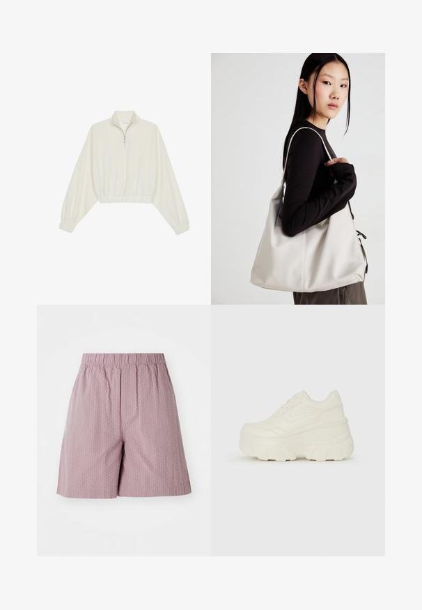 Skraćeni pulover od kremastog materijala, s visokim ovratnikom, zatvaranjem na polovicu munje, elastičnim rubom i manžetama, s glatkom teksturom i minimalnim dizajnom.; Svijetloružičaste šortse od teksturiranog materijala s elastičnom gumom u struku i ravnim krojem. Sadrži suptilan uzorak i uredan rub.; Bijele platformske tenisice s glatkim gornjim dijelom koji nalikuje koži, zaobljenim oblikom, podstavljenim okvirom i teksturiranim gumeni potplat s definiranom profilacijom.; Bežna torba od mekog materijala s opuštenim dizajnom, šivanim detaljima i dva remena za rame. Pogodna za svakodnevnu upotrebu.