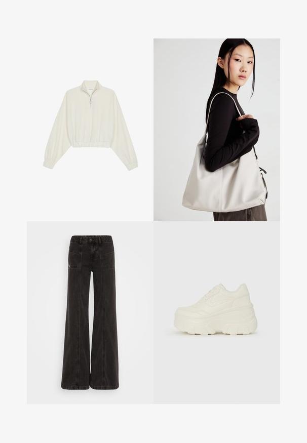 Skraćeni pulover od kremastog materijala, s visokim ovratnikom, zatvaranjem na polovicu munje, elastičnim rubom i manžetama, s glatkom teksturom i minimalnim dizajnom.; Crne široke traperice od denima, s visokom strukom, prednim džepovima i tonalom šavovima.; Bijele platformske tenisice s glatkim gornjim dijelom koji nalikuje koži, zaobljenim oblikom, podstavljenim okvirom i teksturiranim gumeni potplat s definiranom profilacijom.; Bežna torba od mekog materijala s opuštenim dizajnom, šivanim detaljima i dva remena za rame. Pogodna za svakodnevnu upotrebu.