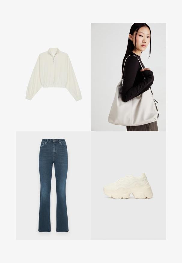 Kreptais pusītes džemperis krēmkrāsā, ar augstu apkakli, puszipa aizdari, elastīgu apakšmalu un aprocēm, ar gludu tekstūru un minimālistisku dizainu.; Tumši zili flared džinsi, kas izgatavoti no denima. Iespējas ietver augstu jostasvietu, divas priekšējās kabatas un klasisku piecu kabatu dizainu ar pogu aizdari.; Masīvi balti sportisti, kas izgatavoti no strukturēta sieta un sintētiskajiem materiāliem, ar biezu zoli un sarežģītām rakstu detaļām gar sāniem.; Bežs rokassoma, izgatavota no mīksta materiāla, ar brīvu dizainu, izšūtu apdari un divām plecu siksnām. Piemērota ikdienas lietošanai.
