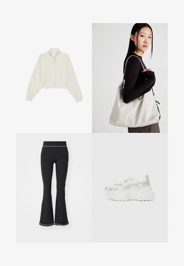 Geknipt pullover in crèmekleurige stof, met een hoge kraag, halve rits, elastische zoom en manchetten, met een soepele textuur en minimalistisch ontwerp.; Zwarte geribbelde flared leggings met een gestructureerd oppervlak, voorzien van een platte tailleband en witte stiksels langs de zijkanten.; Zilveren sneaker met een gestructureerde mesh bovenkant en iriserende accenten, voorzien van een chunky witte zool en vetersluiting.; Beige handtas gemaakt van zacht materiaal, met een slonzig ontwerp, gestikte details en twee schouderbanden. Geschikt voor dagelijks gebruik.