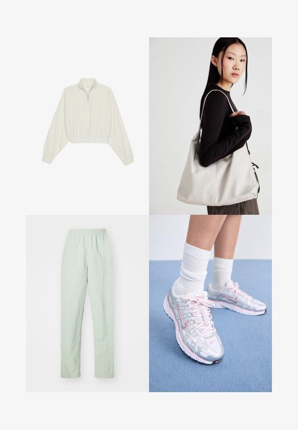 Pullover curto em tecido creme, apresentando um colarinho alto, fecho de meio zíper, bainha e punhos elásticos, com uma textura suave e design minimalista.; Calças leves de cor verde-claro, com uma cintura elástica. Design de perna reta, apresentando textura mínima e um detalhe de logotipo discreto.; Sapatos de corrida Nike com um upper de malha prateada com detalhes em rosa, atacadores brancos e uma sola texturizada. Usados com meias de algodão brancas para desporto.; Uma bolsa bege feita de material macio, com um design descontraído, detalhes de costura e duas alças para o ombro. Adequada para uso diário.