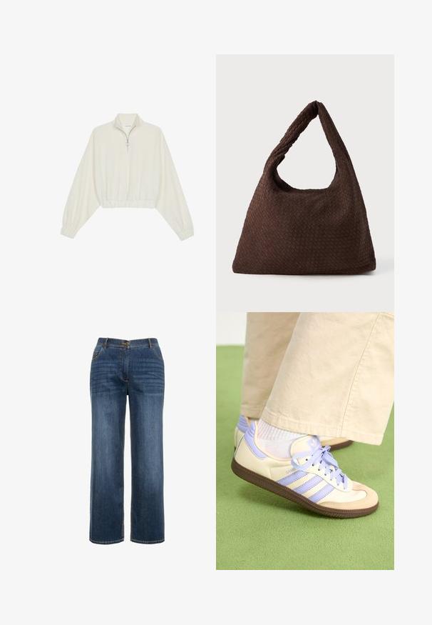 Lyhyt kerrosvaate vaaleasta kankaasta, jossa on korkea kaulus, puolivetoketjukiinnitys, joustavat helma ja hihansuut, tasainen pinta ja minimalistinen muotoilu.; Tumman siniset farkut suoralla lahkeella, etutaskuilla, vetoketjulla ja näkyvällä kontrastitikkauksella.; Kermasilta ja laventelilta näyttävät lenkkarit kolmella raidalla ja teksturoidulla ruskealla pohjalla, varustettuna nauhoilla ja pehmustetulla kantapäällä. Pehmeä kangaspinta.; Ruskokoinen kudottu laukku, jossa on rento muoto, yksinkertainen lenkkikahva ja teksturoitu pinta. Suunnittelussa on hobo-tyylinen ilme ilman ylimääräisiä kiinnikkeitä.