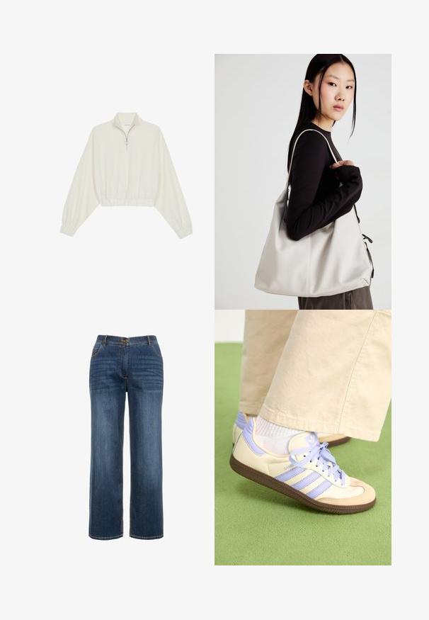 Pullover accorciato in tessuto crema, con colletto alto, chiusura a zip parziale, orlo e polsini elasticizzati, dalla texture liscia e design minimal.; Jeans in denim blu scuro con una vestibilità a gamba dritta, tasche frontali, chiusura a zip e cuciture a contrasto visibili.; Sneakers crema e lavanda con tre strisce e suola marrone texturizzata, dotati di lacci e tallone imbottito. Parte superiore in tessuto morbido.; Borsa a mano beige realizzata in materiale morbido, caratterizzata da un design morbido, dettagli cuciti e due manici. Adatta per l'uso quotidiano.