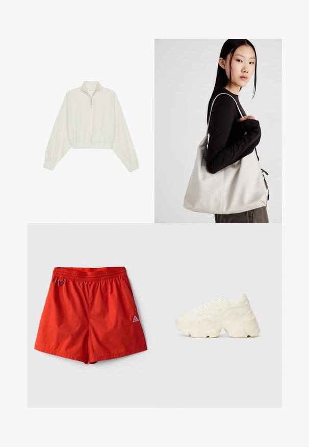 Zkrátený pulover z krémového materiálu, s vysokým golierom, polovičným zipsom, elastickým lemom a manžetami, s hladkou textúrou a minimalistickým dizajnom.; Červené, ľahké plavky s elastickým pásom, integrovaným sťahovacím šnúrkou a malým logom v pravom dolnom rohu.; Masívne biele tenisky vyrobené z texturovanej sieťoviny a syntetických materiálov, s hrubou podošvou a zložitými vzorovými detailmi na bokoch.; Béžová kabelka vyrobená z mäkkého materiálu, s uvoľneným dizajnom, prišitými detailmi a dvoma popruhmi na nosenie na pleciach. Vhodná na každodenné nosenie.