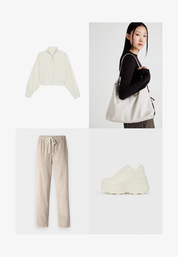 Kreptais pusītes džemperis krēmkrāsā, ar augstu apkakli, puszipa aizdari, elastīgu apakšmalu un aprocēm, ar gludu tekstūru un minimālistisku dizainu.; Beigās korduroja bikses ar taisnu kāju dizainu, kas aprīkotas ar elastīgu jostasvietu un regulējamu auklu, gluda tekstūra ar vertikālu ribojumu.; Baltie platformas sporta apavi, kas izgatavoti no gludas mākslīgās ādas, ar noapaļotu formu, mīkstu apkakli un teksturētu gumijas zoli ar izteiktiem rakstiem.; Bežs rokassoma, izgatavota no mīksta materiāla, ar brīvu dizainu, izšūtu apdari un divām plecu siksnām. Piemērota ikdienas lietošanai.
