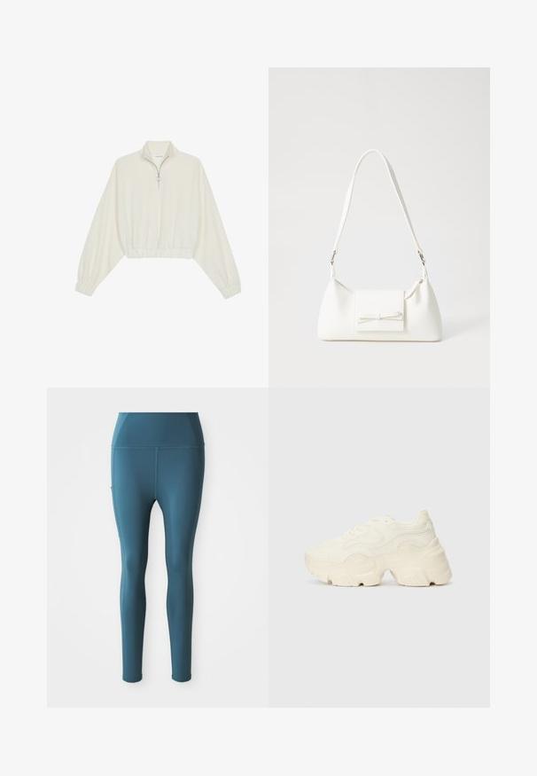 Pullover curto em tecido creme, apresentando um colarinho alto, fecho de meio zíper, bainha e punhos elásticos, com uma textura suave e design minimalista.; Leggings teal elásticos com uma textura suave, cintura alta, bolsos laterais e sem costuras visíveis, desenhados para vestuário atlético.; Sapatilhas brancas chunky feitas de malha texturizada e materiais sintéticos, apresentando uma sola espessa e detalhes de padrão intrincados ao longo dos lados.; Mala sintética branca com formato triangular, aba frontal plana e detalhe de laço, alça ajustável, textura suave e design minimalista.