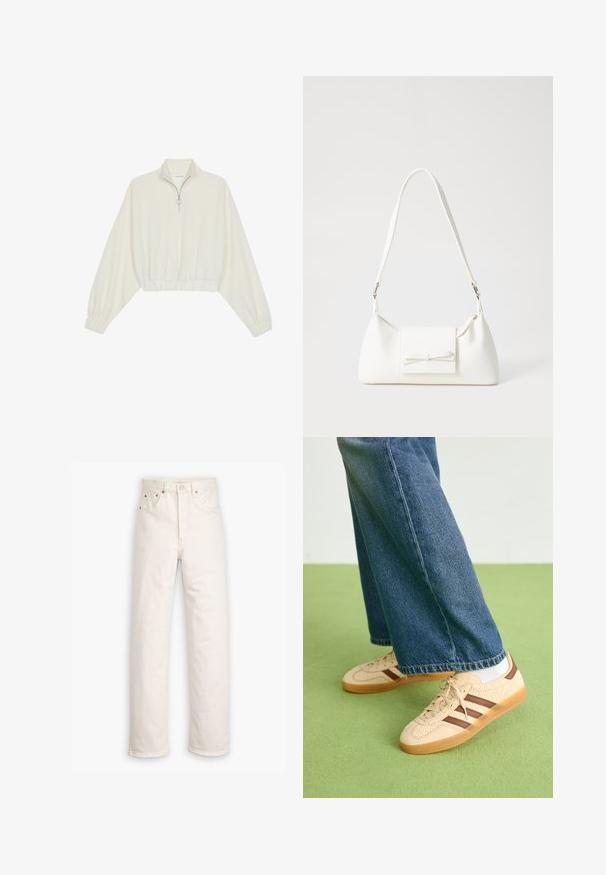 Pullover curto em tecido creme, apresentando um colarinho alto, fecho de meio zíper, bainha e punhos elásticos, com uma textura suave e design minimalista.; Jeans de denim branco com um design de perna reta, estilo de cinco bolsos e detalhes em hardware cobre. Acabamento com bainha crua nos tornozelos.; Tenis bege com painéis texturizados em creme e riscas castanhas, combinados com jeans de ganga azul. Os jeans têm um corte largo e uma bainha desfiada.; Mala sintética branca com formato triangular, aba frontal plana e detalhe de laço, alça ajustável, textura suave e design minimalista.