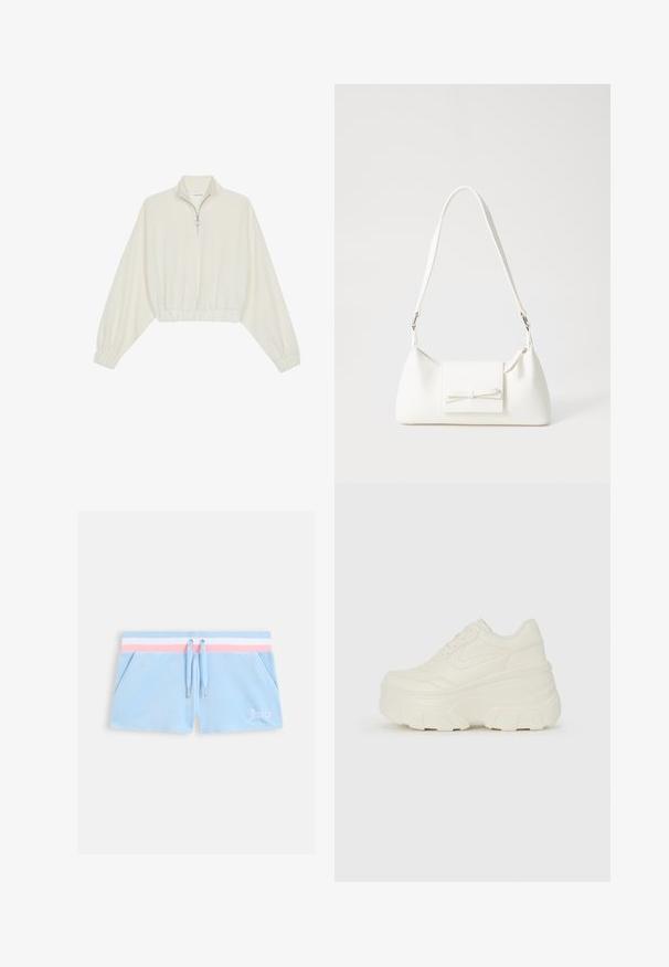 Geknipt pullover in crèmekleurige stof, met een hoge kraag, halve rits, elastische zoom en manchetten, met een soepele textuur en minimalistisch ontwerp.; Lichtblauwe velours short met een roze-wit gestreepte tailleband, een trekkoordsluiting en zijzakken. Voorzien van "Juicy" in witte borduursels.; Witte platform sneakers met een gladde leren bovenkant, afgeronde vorm, gewatteerde kraag en een gestructureerde rubberen zool met duidelijke profiel.; Witte synthetische handtas met een driehoekige vorm, platte voorklep en strikdetail, verstelbare schouderriem, gladde textuur en minimalistisch ontwerp.
