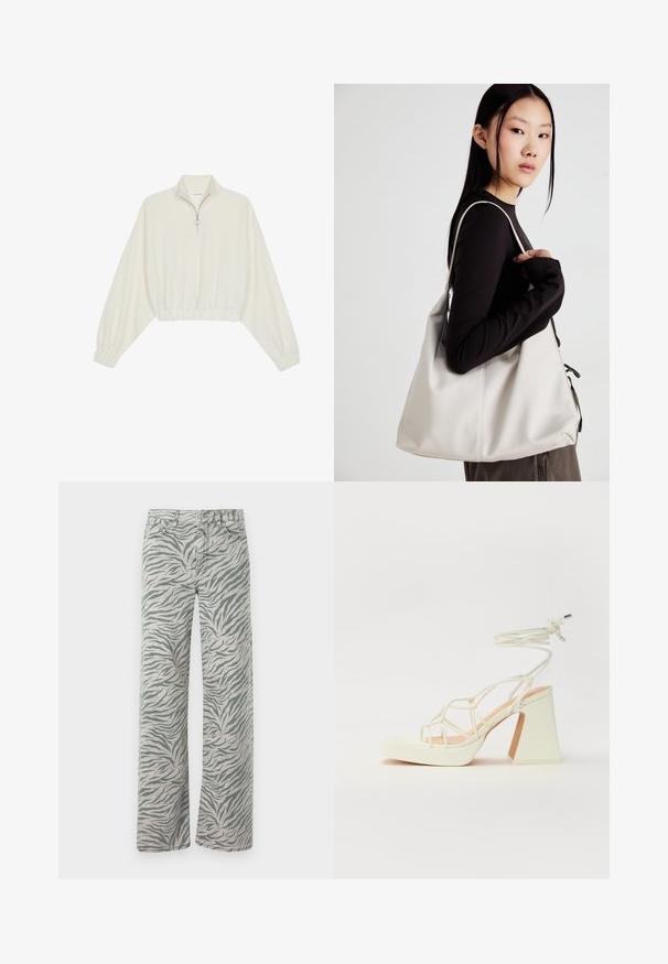 Kratka pulover v kremnem blagu, z visokim ovratnikom, pol-zadrgo, elastičnim robom in manšetami, z gladko teksturo in minimalističnim oblikovanjem.; Svetlo sivi traperice s uzorkom tigrovih pruga u tamno sivoj boji. Imaju dizajn ravnog nogavica i klasično šivenje denima.; Bela sandala na visokih petah s debelim petam, ki ima obliko trakcev in vezanje okoli gležnja. Gladka tekstura z platformo spredaj za dodatno višino.; Bežna torbica iz mehkega materiala, z ohlapno zasnovo, šivi in dvema naramnicama. Primerna za vsakodnevno uporabo.