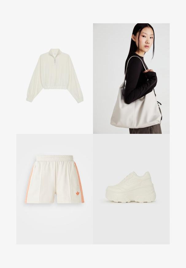 Kreptais pusītes džemperis krēmkrāsā, ar augstu apkakli, puszipa aizdari, elastīgu apakšmalu un aprocēm, ar gludu tekstūru un minimālistisku dizainu.; Baltie sporta šorti ar elastīgu jostasvietu, ar apelsīnu sānu svītrām un izšūtu logo kreisajā apakšmalā. Gluda auduma tekstūra.; Baltie platformas sporta apavi, kas izgatavoti no gludas mākslīgās ādas, ar noapaļotu formu, mīkstu apkakli un teksturētu gumijas zoli ar izteiktiem rakstiem.; Bežs rokassoma, izgatavota no mīksta materiāla, ar brīvu dizainu, izšūtu apdari un divām plecu siksnām. Piemērota ikdienas lietošanai.