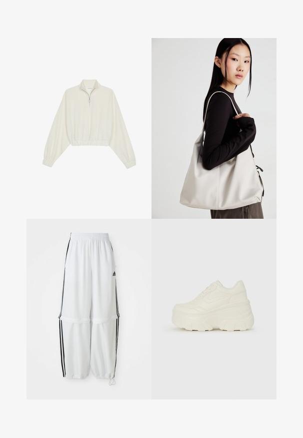 Avkortad tröja i krämfärgad tyg, med hög krage, halvdragkedja, elastisk nederkant och ärmar, med en slät yta och minimalistisk design.; Vita atletiska byxor med avslappnad passform, elastisk midja och svarta sidostripes. Har dragkedjefickor och elastiska mudd vid anklarna.; Vita plattformssneakers med en slät läderliknande överdel, rundad form, vadderad krage och texturerad gummisula med definierade mönster.; Beige handväska tillverkad av mjukt material, med en avslappnad design, sydda detaljer och två axelremmar. Lämplig för dagligt bruk.