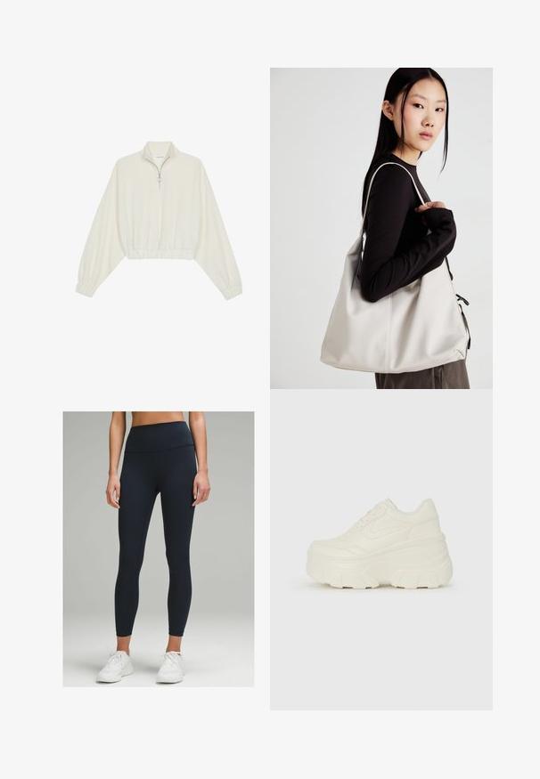 Sudadera cropped en tejido crema, con cuello alto, cierre de media cremallera, dobladillo y puños elásticos, con una textura suave y un diseño minimalista.; Leggings de talle alto y ajustados en un azul marino oscuro, fabricados con un tejido elástico. Presentan una textura suave y sin patrones ni acentos visibles.; Zapatillas de plataforma blancas con un upper suave similar al cuero, forma redondeada, cuello acolchado y suela de goma texturizada con surcos definidos.; Bolso de mano beige hecho de material suave, con un diseño holgado, detalles cosidos y dos asas. Adecuado para uso diario.