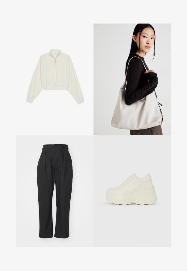 Pullover court en tissu crème, avec un col haut, fermeture éclair à mi-hauteur, ourlet et poignets élastiqués, offrant une texture lisse et un design minimaliste.; Pantalons noirs à taille haute, avec un devant plissé et une fermeture à un bouton. Fabriqués en tissu lisse, ils présentent des jambes droites et des poches latérales.; Baskets plateformes blanches avec une tige en simili cuir lisse, une forme arrondie, un col rembourré et une semelle en caoutchouc texturé avec des crampons définis.; Sac à main beige en matériau souple, avec un design décontracté, des détails cousus et deux poignées. Idéal pour un usage quotidien.