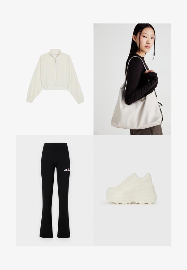 Pullover curto em tecido creme, apresentando um colarinho alto, fecho de meio zíper, bainha e punhos elásticos, com uma textura suave e design minimalista.; Leggings pretos com corte flare, feitas de tecido suave, apresentando uma cintura elástica e um pequeno logótipo "ellesse" em branco e laranja na coxa esquerda.; Tênis brancos de plataforma com um cabedal suave semelhante a couro, formato arredondado, colarinho acolchoado e sola de borracha texturizada com ranhuras bem definidas.; Uma bolsa bege feita de material macio, com um design descontraído, detalhes de costura e duas alças para o ombro. Adequada para uso diário.