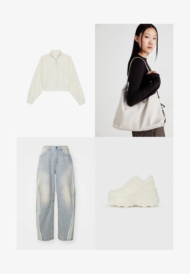 Skraćeni pulover od kremastog materijala, s visokim ovratnikom, zatvaranjem na polovicu munje, elastičnim rubom i manžetama, s glatkom teksturom i minimalnim dizajnom.; Svijetloplave traperice širokog kroja s bijelim prugama sa strane, iznošenim detaljima i kopčanjem na gumbu u struku.; Bijele platformske tenisice s glatkim gornjim dijelom koji nalikuje koži, zaobljenim oblikom, podstavljenim okvirom i teksturiranim gumeni potplat s definiranom profilacijom.; Bežna torba od mekog materijala s opuštenim dizajnom, šivanim detaljima i dva remena za rame. Pogodna za svakodnevnu upotrebu.