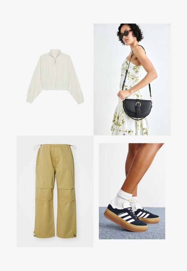 Skraćeni pulover od kremastog materijala, s visokim ovratnikom, zatvaranjem na polovicu munje, elastičnim rubom i manžetama, s glatkom teksturom i minimalnim dizajnom.; Kargo hlače u bež boji, s širokim nogavicama, elastičnim pojasom, prednjim džepovima i podešivim manžetama na vezicu. Izrađene od lagane tkanine.; Crne tenisice od brušene kože s bijelim prugama i detaljima, okruglim vrhom, gumeni potplat boje gume, uparene s bijelim rebrastim čarapama.; Crna kožna torba s lukovitim oblikom, odvojivim remenom i zlatnim detaljima. Torba ima preklop s kopčom.