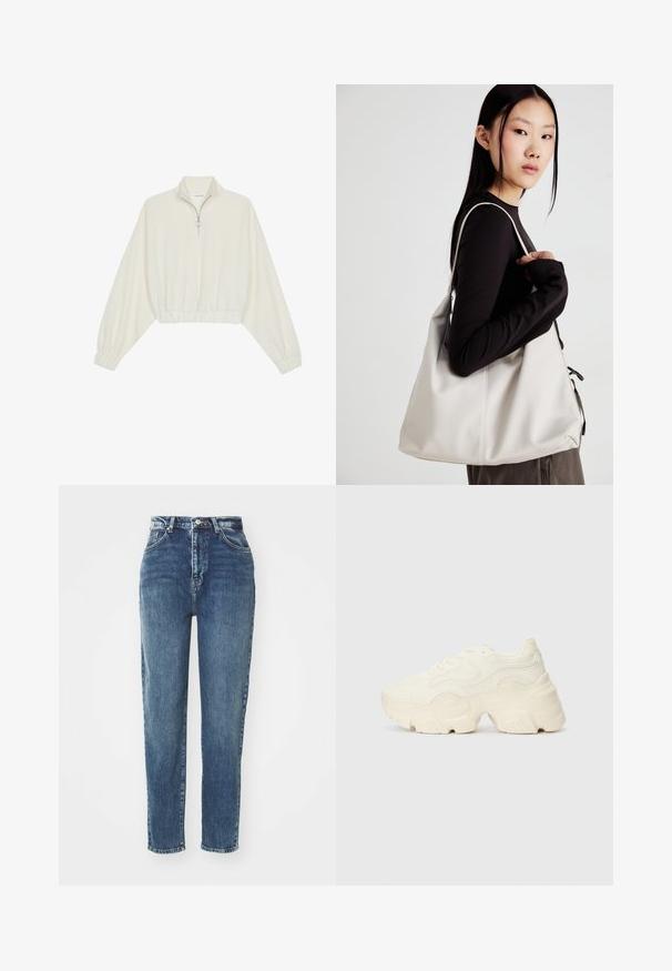 Pullover curto em tecido creme, apresentando um colarinho alto, fecho de meio zíper, bainha e punhos elásticos, com uma textura suave e design minimalista.; Jeans de ganga azul com um corte alto na cintura, pernas retas, costura visível e um estilo clássico de cinco bolsos. Textura suave, ligeira descoloração.; Sapatilhas brancas chunky feitas de malha texturizada e materiais sintéticos, apresentando uma sola espessa e detalhes de padrão intrincados ao longo dos lados.; Uma bolsa bege feita de material macio, com um design descontraído, detalhes de costura e duas alças para o ombro. Adequada para uso diário.