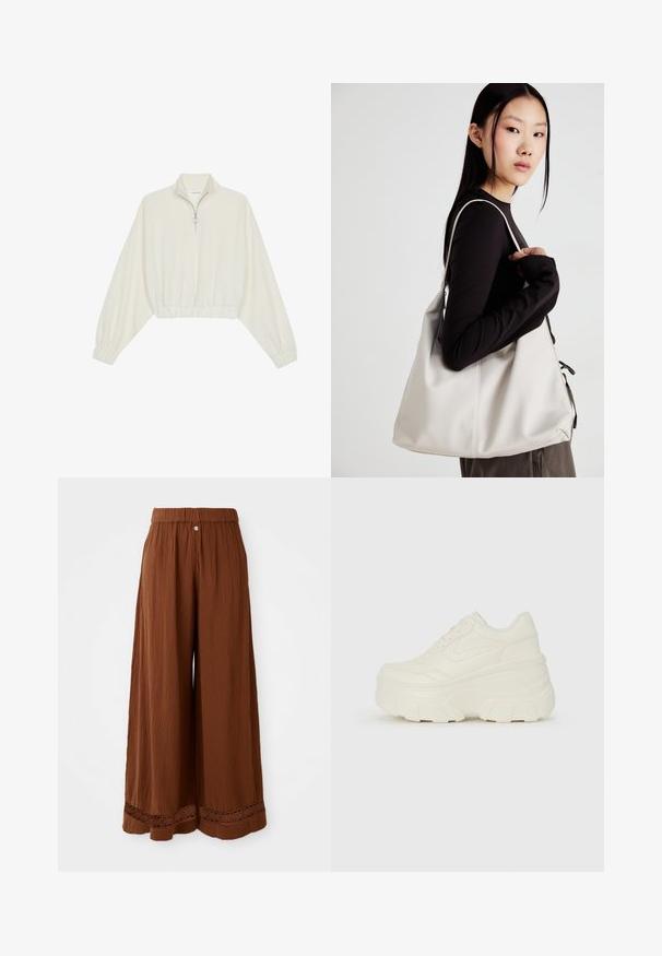 Gerippter Pullover aus cremefarbener Baumwolle mit hohem Kragen, halbem Reißverschluss, elastischen Säumen und Bündchen, glatter Textur und minimalistischem Design.; Braune weit geschnittene Hosen aus strukturiertem Stoff, mit einem gerafften Bund und Spitzenverzierungen am Saum.; Weiße Platform Sneakers mit einem glatten, lederähnlichen Obermaterial, abgerundeter Form, gepolstertem Kragen und strukturierten Gummisohlen mit ausgeprägten Stollen.; Beige Handtasche aus weichem Material, mit einem lässigen Design, gesteppten Details und zwei Schulterriemen. Geeignet für den täglichen Gebrauch.