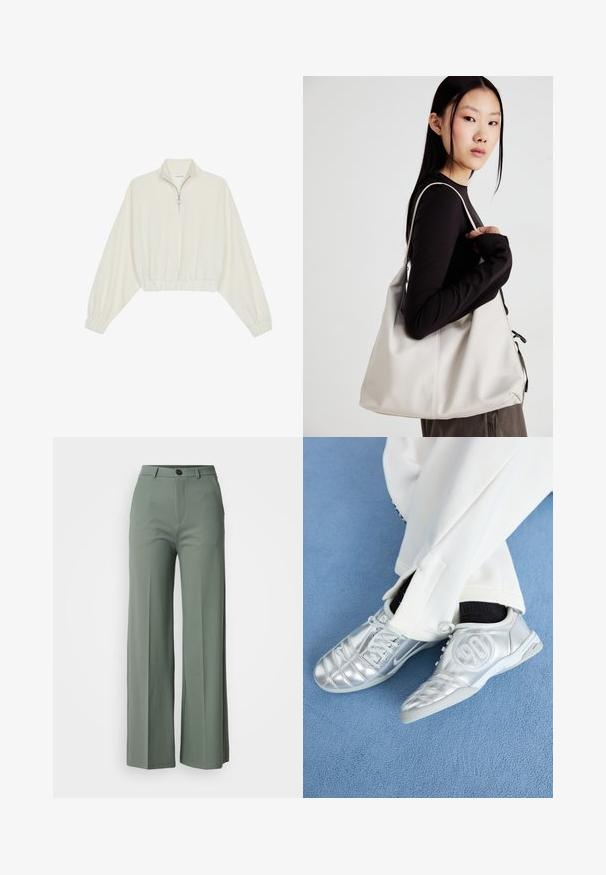 Geknipt pullover in crèmekleurige stof, met een hoge kraag, halve rits, elastische zoom en manchetten, met een soepele textuur en minimalistisch ontwerp.; Wijd uitgerokken broek in een gedempte groene stof, met een knoopsluiting aan de voorkant en een soepele textuur. Geen zichtbare patronen of accenten.; Zilveren sportschoenen met een gladde, glanzende afwerking, voorzien van een gestikt ontwerp en het nummer 90 aan de zijkant, gecombineerd met witte broek.; Beige handtas gemaakt van zacht materiaal, met een slonzig ontwerp, gestikte details en twee schouderbanden. Geschikt voor dagelijks gebruik.