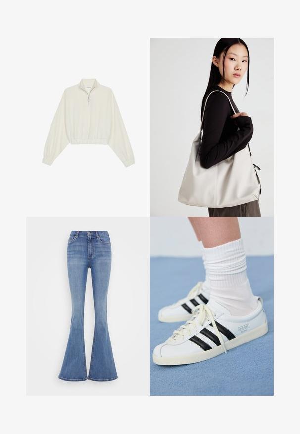 Kreminės spalvos trumpas megztinis, turintis aukštą apykaklę, pusiau užtrauktuką, elastinį apačią irRankovių kraštus, su lygiu paviršiumi ir minimalizuotu dizainu.; Šviesiai mėlynos džinsinės kelnės su platėjančiomis apačiomis, aukštu liemeniu, su priekinėmis kišenėmis ir švariu apvadu platėje.; Baltos odinės sportbačiai su juodomis juostelėmis, kreminiu padu ir šviesiomis raištelėmis. Dėvimi su baltais raukšlėtais kojinėmis, pastatyti ant mėlyno fono.; Bežinė rankinė, pagaminta iš minkštos medžiagos, turinti laisvą dizainą, siuvinėtas detalės ir dvi petnešos. Tinkama kasdieniam naudojimui.