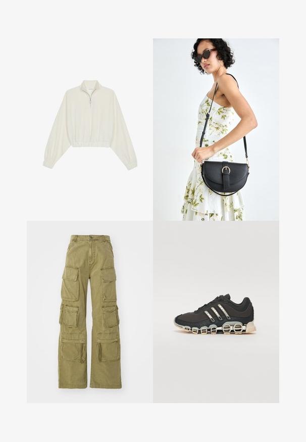 Sudadera cropped en tejido crema, con cuello alto, cierre de media cremallera, dobladillo y puños elásticos, con una textura suave y un diseño minimalista.; Pantalones cargo en color caqui con un corte holgado, que cuentan con múltiples bolsillos utilitarios grandes, costuras decorativas y un cierre de botón. Fabricados en una resistente tela de algodón.; Zapatilla deportiva negra con parte superior texturizada, tres rayas plateadas y una suela de amortiguación distintiva que presenta múltiples secciones integradas.; Bolso de piel negra con forma curva, correa desmontable y herrajes dorados. El bolso cuenta con una solapa con un detalle de hebilla.