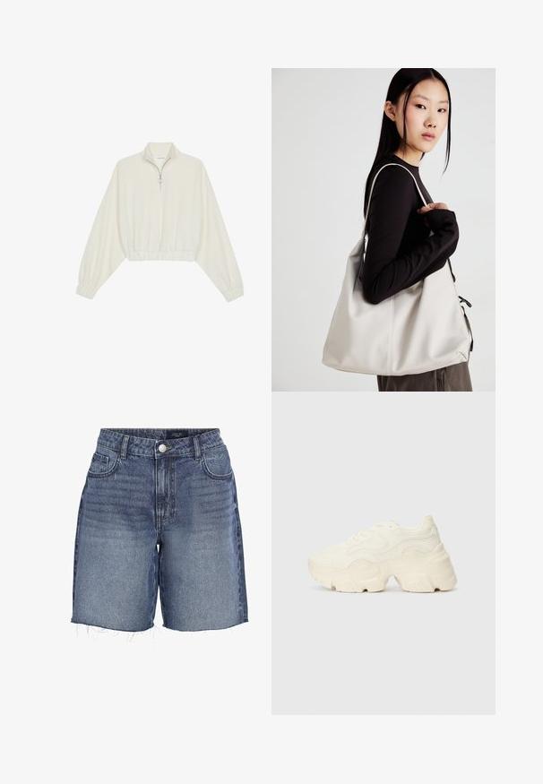 Kreptais pusītes džemperis krēmkrāsā, ar augstu apkakli, puszipa aizdari, elastīgu apakšmalu un aprocēm, ar gludu tekstūru un minimālistisku dizainu.; Tumši zilie džinsa šorti ar izbalējušu mazgāšanu, ar augstu jostasvietu, neapstrādātu apakšmalu un piecu kabatu dizainu. Metāla pogas aizdare priekšpusē.; Masīvi balti sportisti, kas izgatavoti no strukturēta sieta un sintētiskajiem materiāliem, ar biezu zoli un sarežģītām rakstu detaļām gar sāniem.; Bežs rokassoma, izgatavota no mīksta materiāla, ar brīvu dizainu, izšūtu apdari un divām plecu siksnām. Piemērota ikdienas lietošanai.