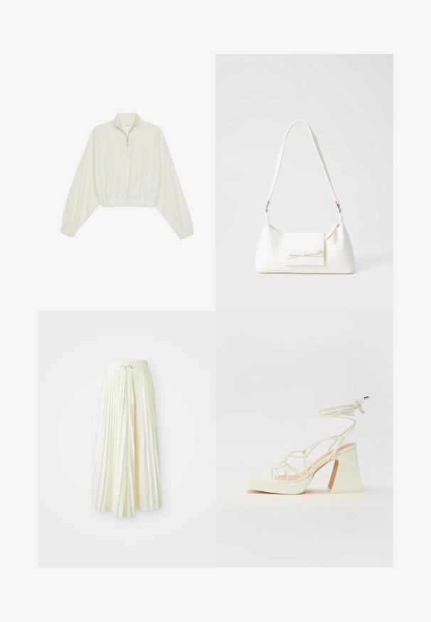 Kreminės spalvos trumpas megztinis, turintis aukštą apykaklę, pusiau užtrauktuką, elastinį apačią irRankovių kraštus, su lygiu paviršiumi ir minimalizuotu dizainu.; Šviesiai geltona, krokuota midi sijonas, su elastinga juosta ir juostele, glotnaus audinio tekstūra ir vertikalios juostelės papildomam akcentui.; Balti aukštakulniai sandalai su masyviu kulnu, su dirželių dizainu ir kulkšnies raiščiu. Lygi tekstūra su platforma priekyje, suteikianti papildomą aukštį.; Balta sintetinė rankinė trikampio formos, plokščiu priekiu su užsegimu, kaspino detale, reguliuojama dirželiu, lygia tekstūra ir minimalistišku dizainu.