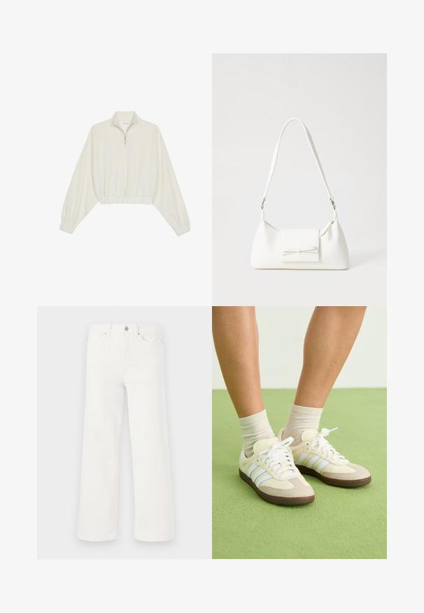 Kreemfarbenest lühikese varrukaga kudum, millel on kõrge kaelus, pool tõmblukk, elastne allosa ja varrukad, sile tekstuur ja minimaalne disain.; Valged denimpüksid laia säärega, millel on nööpkinni, viis taskut ja minimaalne õmblus. Sile tekstuur, sirge siluett.; Samba tossud kreemja ja beeži värvilahendusega, millel on kolm helesinist triipu, valged lõngad ja pruunid kummitaldad.; Valge sünteetilisest materjalist kott kolmnurkse kujuga, lame esiklapiga ja kaaredetailiga, reguleeritava rihmaga, sileda tekstuuriga ja minimalistliku disainiga.