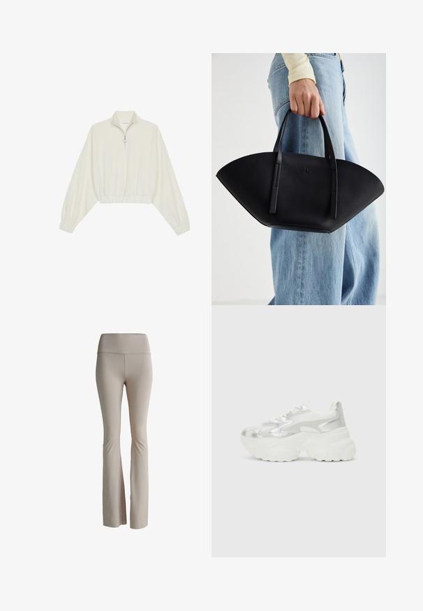 Skórzany pulower w kolorze kremowym, z wysokim kołnierzem, półzamkiem, elastycznym wykończeniem u dołu i mankietami, o gładkiej teksturze i minimalistycznym designie.; Beżowe legginsy dzwony wykonane z elastycznego materiału. Wysoki stan z subtelnym logo. Gładka faktura bez widocznych szwów czy wzorów.; Srebrny sneaker z teksturowaną siateczką i irydyscentnymi akcentami, z masywną białą podeszwą i sznurowanym zapięciem.; Czarna skórzana torebka w unikalnym kształcie wachlarza, z płaskimi uchwytami. Powierzchnia ma fakturę kamyków i minimalistyczny design.