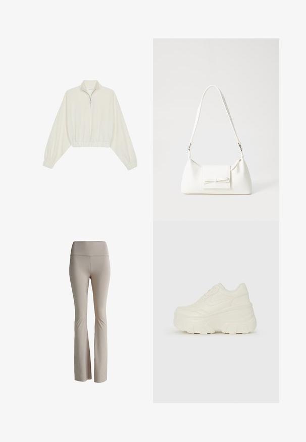 Zkrátený pulover z krémového materiálu, s vysokým golierom, polovičným zipsom, elastickým lemom a manžetami, s hladkou textúrou a minimalistickým dizajnom.; Béžové rozšírené legíny vyrobené z elastického materiálu. Vysoký pás s diskrétnym brandingom. Hladký povrch bez viditeľných švov alebo vzorov.; Biele platformové tenisky s hladkým koženkovým svrchným materiálom, zaobleným tvarom, polstrovaným golierom a textúrovanou gumovou podrážkou s výrazným vzorom.; Biela syntetická kabelka s trojuholníkovým tvarom, plochým predným klapkou a detailom mašle, nastaviteľným popruhom, hladkou textúrou a minimalistickým dizajnom.