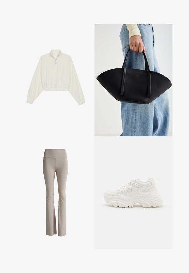 Kreminės spalvos trumpas megztinis, turintis aukštą apykaklę, pusiau užtrauktuką, elastinį apačią irRankovių kraštus, su lygiu paviršiumi ir minimalizuotu dizainu.; Bežinės platėjančios legging kelnių sukurtos iš tamprių medžiagų. Aukštas liemuo su subtiliu prekės ženklu. Lygus paviršius be matomų siūlių ar raštų.; Baltos masyvios sportinės bateliai su tekstūruotu paviršiumi, tinkliniais elementais ir storais guminiais padais su ryškiu protektoriumi. Įtrauktos raišteliai ir kilpa.; Juodas odinis rankinis uždangalas unikaliu ventiliatoriaus formos dizainu, turintis plokščias rankenas. Paviršius turi akmeninė tekstūrą ir minimalistišką dizainą.