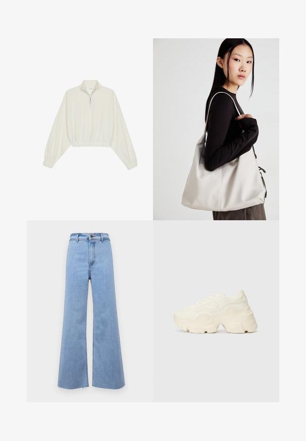 Lyhyt kerrosvaate vaaleasta kankaasta, jossa on korkea kaulus, puolivetoketjukiinnitys, joustavat helma ja hihansuut, tasainen pinta ja minimalistinen muotoilu.; Vaaleansiniset leveälahkeiset farkut, joissa on korkea vyötärö, revitty helma ja etunappikiinnitys. Valmistettu denimmateriaalista, joka on sileä ja jossa on selkeät linjat.; Paksut valkoiset lenkkarit, jotka on valmistettu teksturoidusta verkosta ja synteettisistä materiaaleista. Kenkäparissa on paksu pohja ja monimutkaisat kuviohuokoset sivuilla.; Beige laukku, joka on valmistettu pehmeästä materiaalista, ja siinä on rento muotoilu, ommeltu yksityiskohtia ja kaksi olkahihnaa. Sopii päivittäiseen käyttöön.; Hopeinen kaksinkertainen rengas, jossa on sileä, kiillotettu pinta. Siinä on sulava, kaareva muotoilu, jossa on päällekkäisiä osia modernin ilmeen saavuttamiseksi.